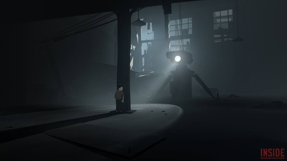A boy hides from a scanning robot.