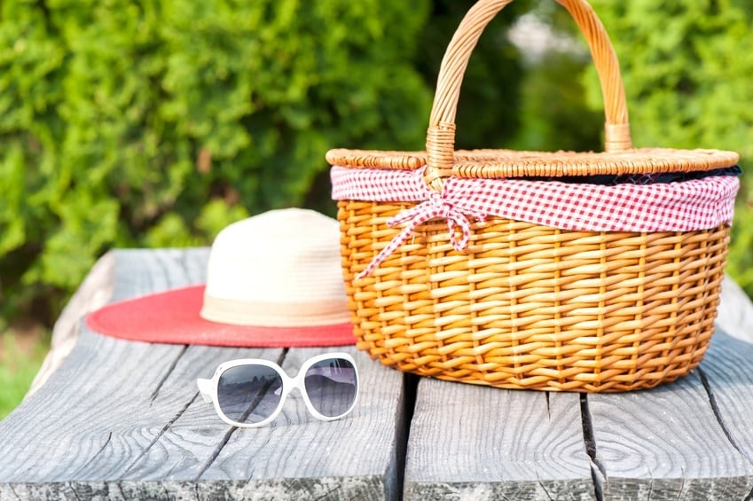 Sunglasses hat and wicker basket.