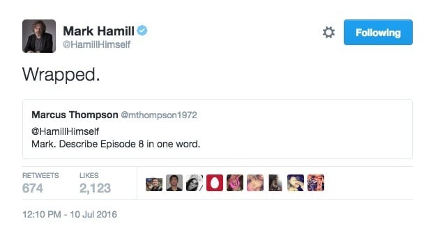 Mark Hamill Tweets about Episode VIII wrapping
