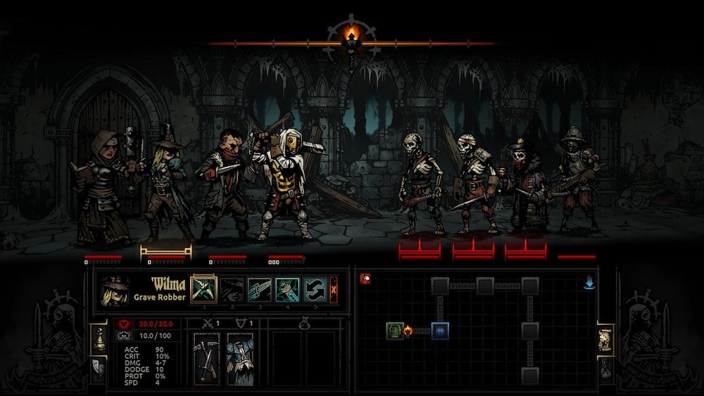 Adventurers fighting monsters in a dungeon.