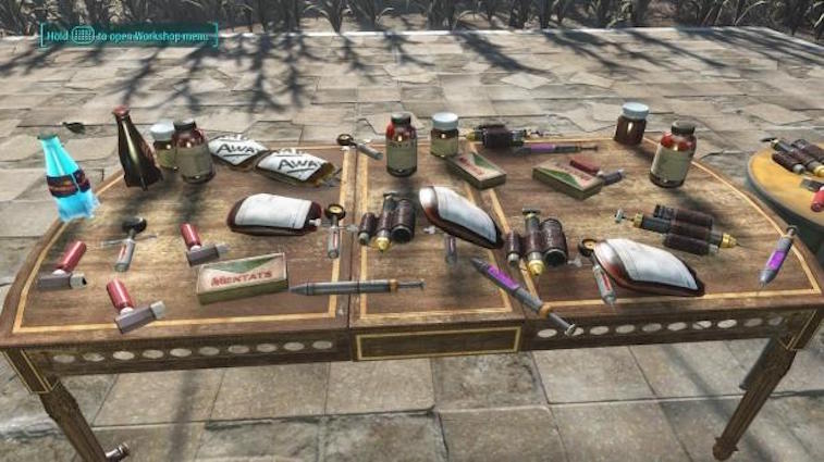 A table full of chems in Fallout 4.