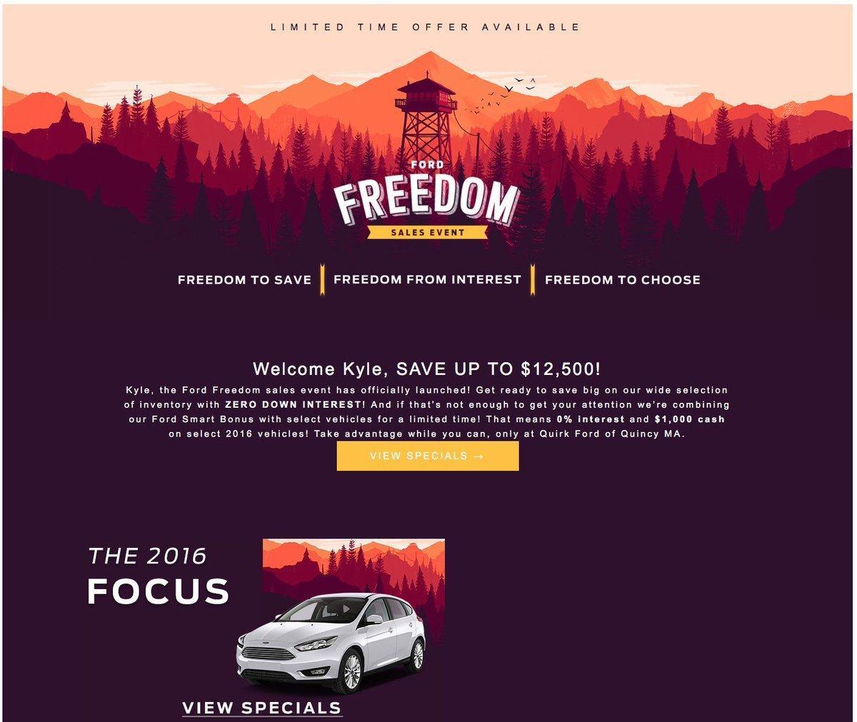 An ad from a Ford dealership with art from Firewatch.