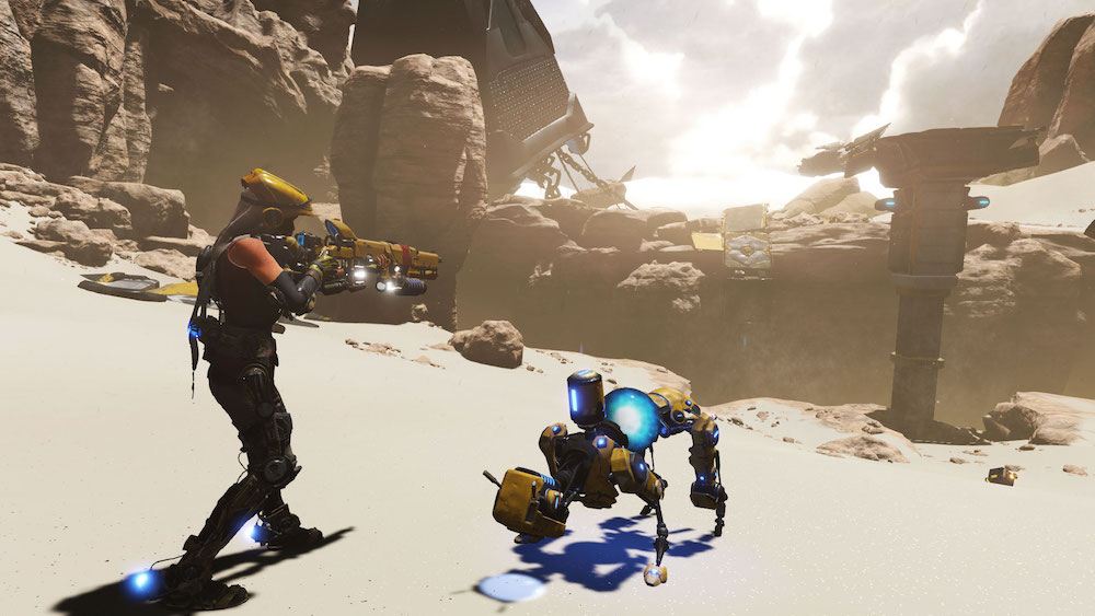 A girl and her robotic dog on a desert planet.