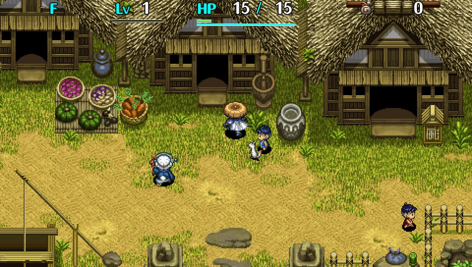 A warrior in a village preparing to go into a dungeon.