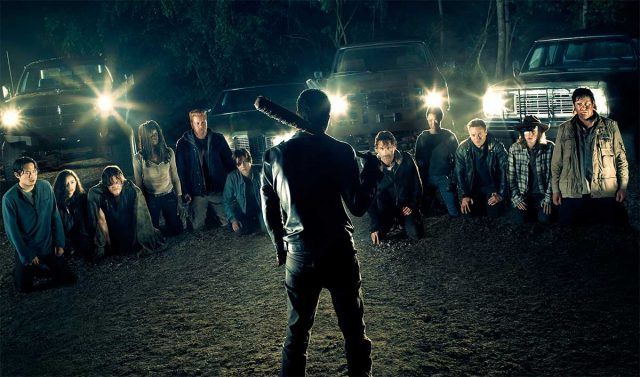 Negan (Jeffrey Dean Morgan) stands in front of his line-up in a scene from 'The Walking Dead' Season 7 premiere