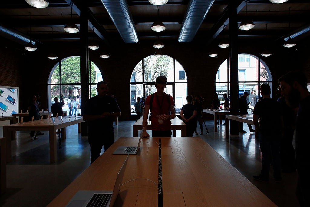 Members of the media visit the new Brooklyn Apple Store