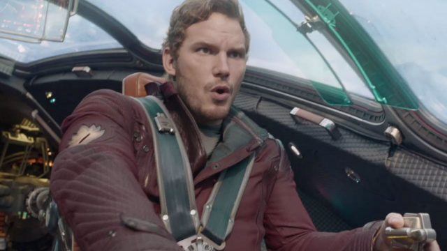 Chris Pratt driving a spaceship in 'Guardians of the Galaxy'. Chris Pratt driving a spaceship in 'Guardians of the Galaxy'.