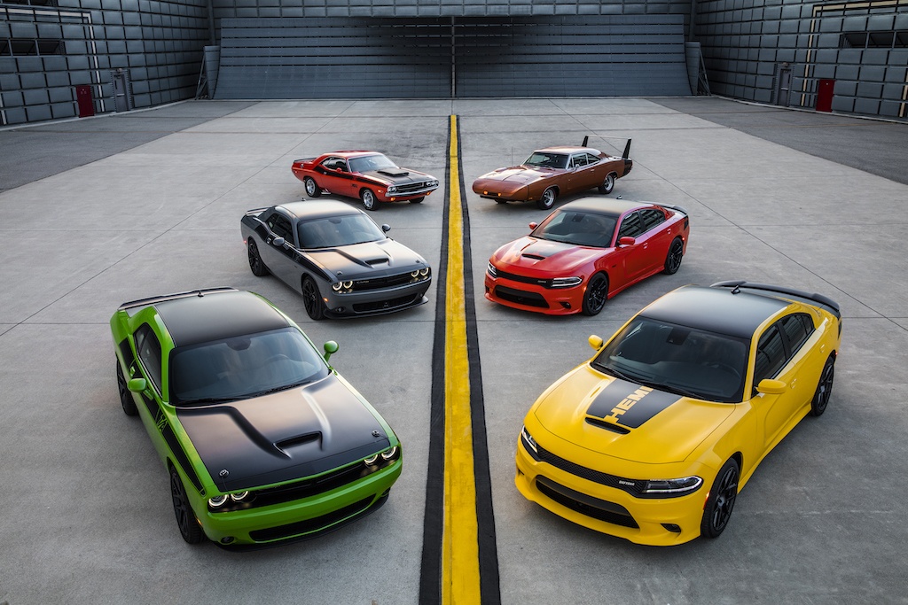 2017 Dodge Challenger T/A, 2017 Dodge Challenger T/A 392, 1970 Dodge Challenger T/A, 2017 Dodge Charger Daytona 392, 2017 Dodge Charger Daytona and 1969 Dodge Charger Daytona (from left foreground to right background)
