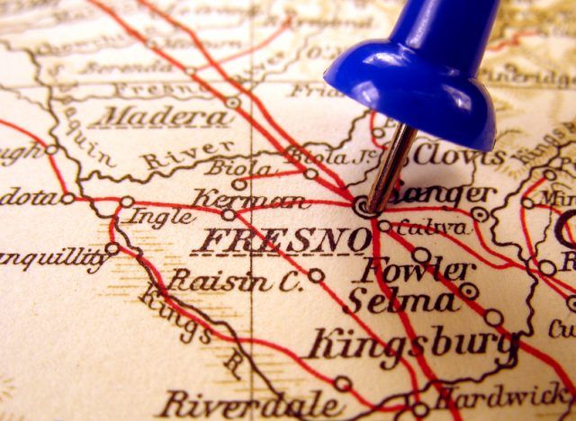 "Fresno, California pinned on a map