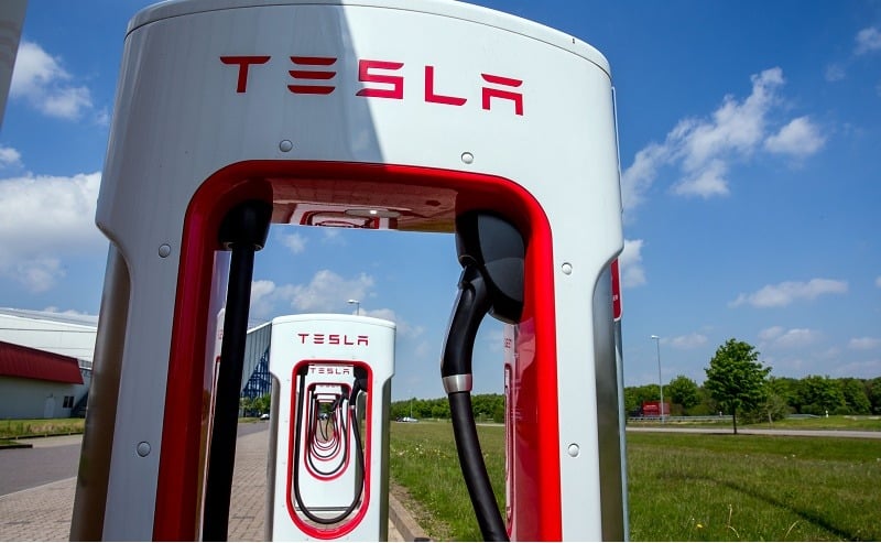 Tesla charging stations for electric cars are pictured in Wittenburg, northeastern Germany, on May 18, 2016.