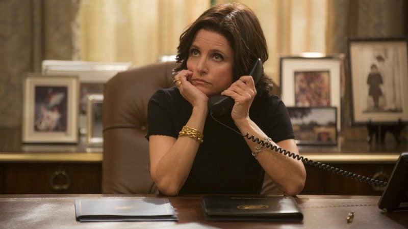 Julia Louis-Dreyfuss in Veep on the phone at a desk
