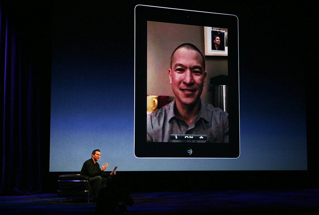 Scott Forstall, senior vice president of iPhone software for Apple showing a video chat demonstration