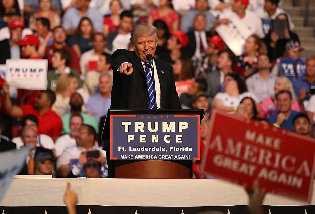 Republican presidential nominee Donald Trump speaks during his campaign event