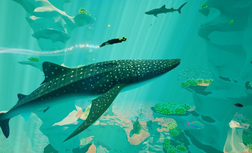 A diver swims with a whale in the video game Abzu