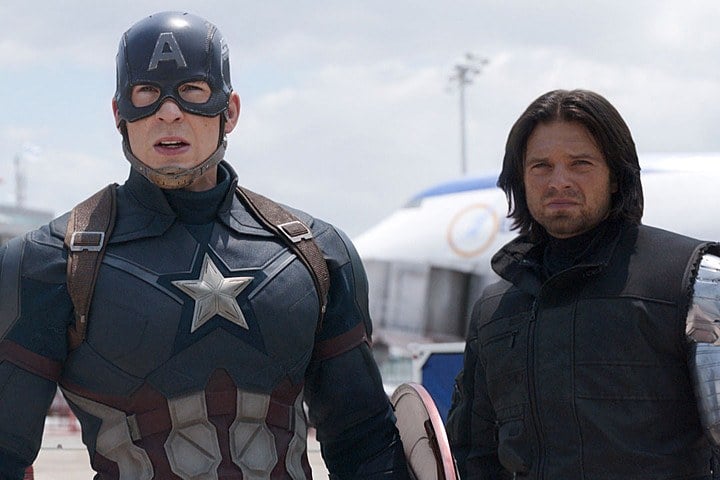 Captain America and Bucky Barnes stand next to each other in Captain America: Civil War
