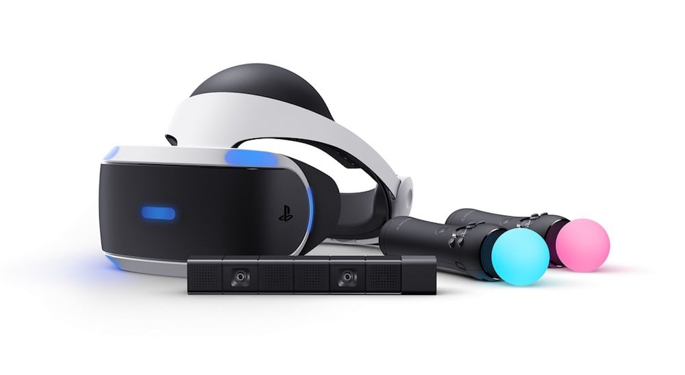 A PlayStation VR headset with Move controllers and the PlayStation camera.
