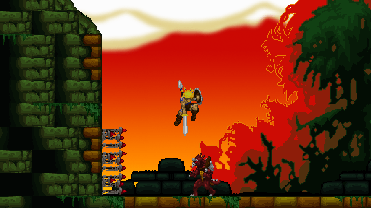 Volgarr the Viking stabbing an enemy from above.