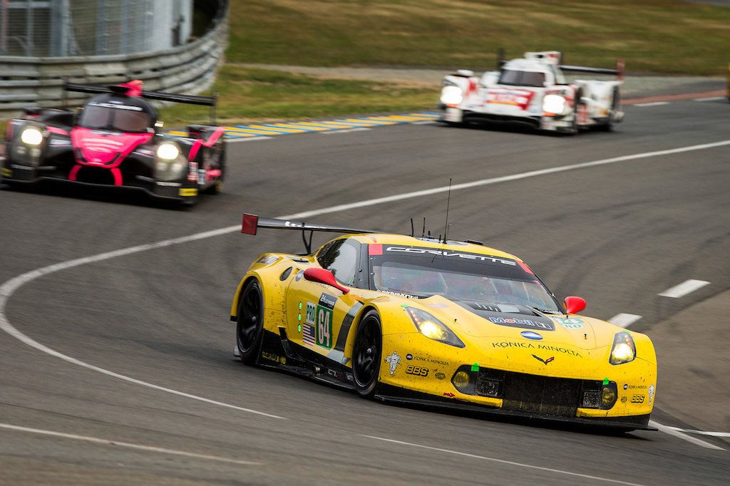 The Chevrolet Corvette Racing C7.R #64, driven by Oliver Gavin, Tommy Milner and Jordan Taylor, races at Circuit de la Sarthe June 13, 2015