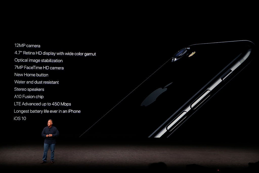 Apple Senior Vice President Phil Schiller speaks on stage at the iPhone 7 launch event