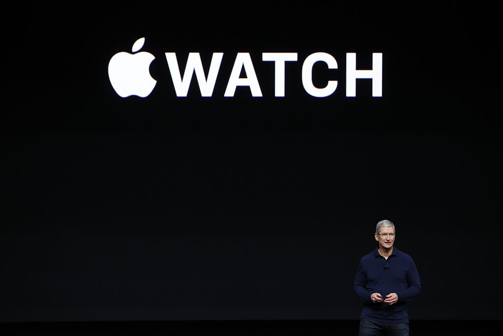 Apple CEO Tim Cook speaks on stage during a launch event for the iPhone 7 and Apple Watch 2