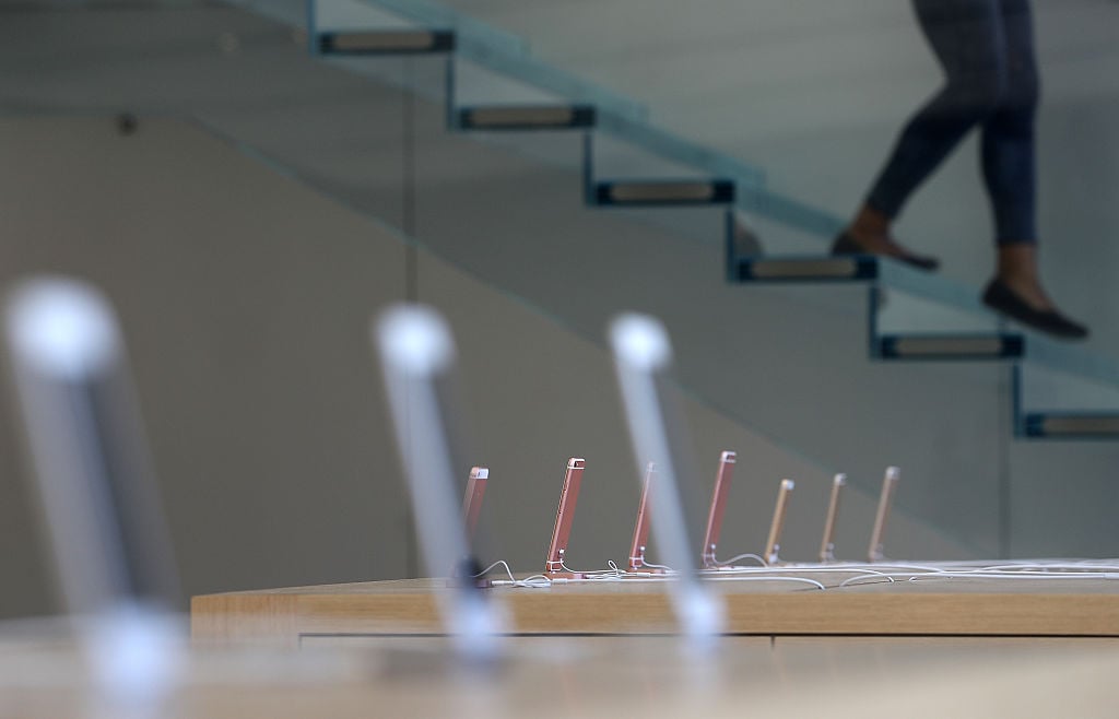 iPhones are displayed during a press preview of the new flagship Apple Store