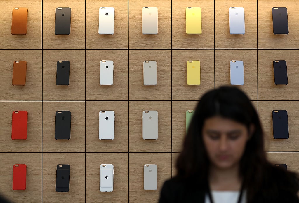 iPhone covers are displayed during a press preview of the new flagship Apple Store