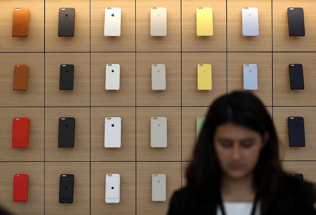 iPhone covers are displayed during a press preview of the new flagship Apple Store