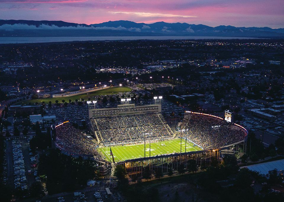 BYU's football stadium at night, and also home to America's top return on investment when it comes to universities