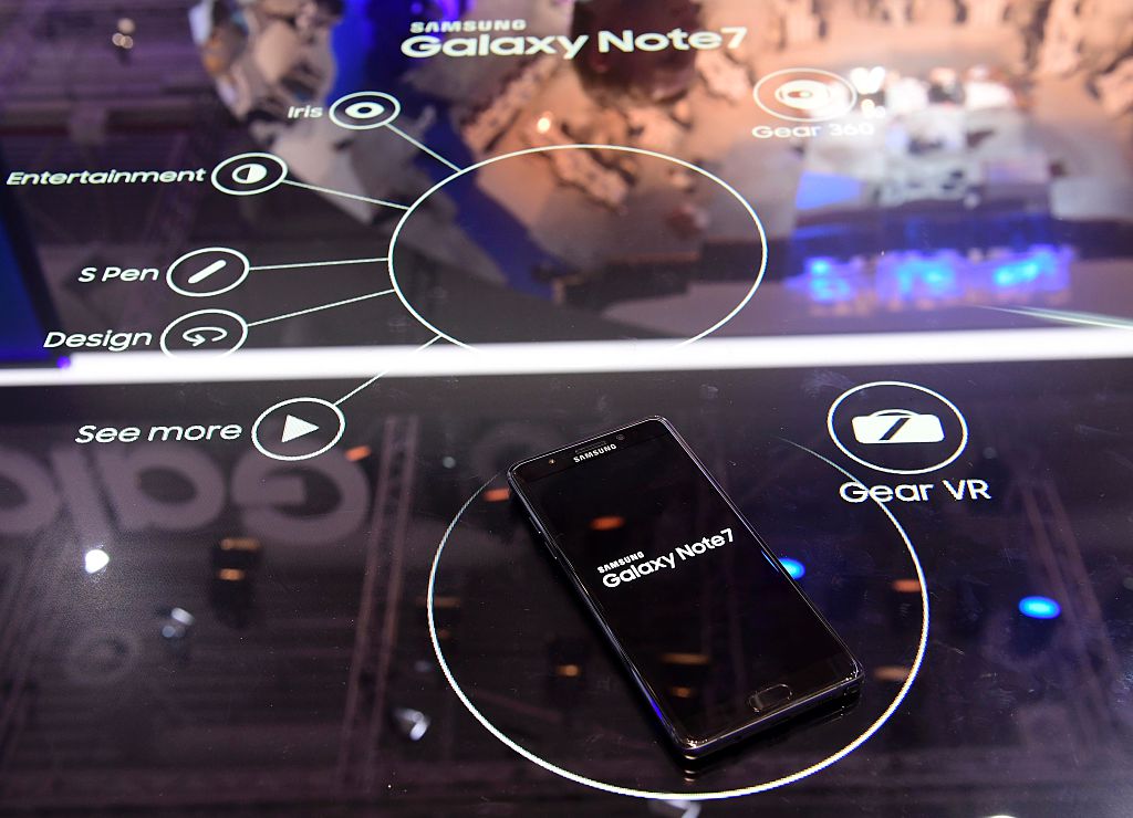 A Galaxy Note7 smartphone is on display at the booth of Samsung