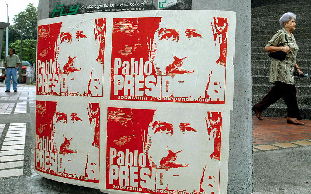 Posters with the portrait of late leader of Colombian drug cartel Pablo Escobar, | STR/AFP/Getty Images