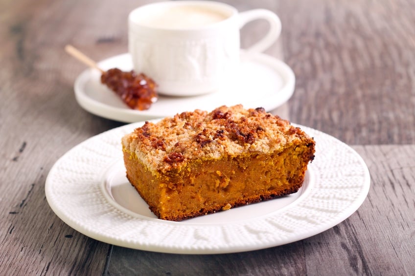 Pumpkin streusel cake slice on plate