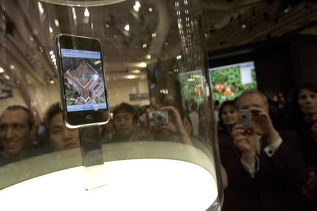 The Apple iPhone 1 is displayed at Macworld