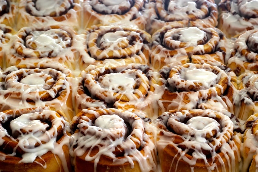 A tray of homemade cinnamon rolls