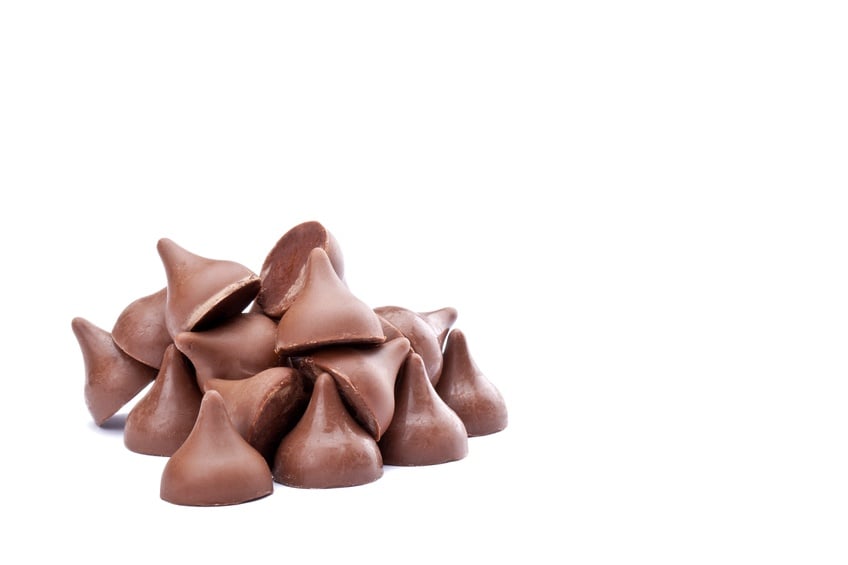 bunch of chocolate kisses on white background