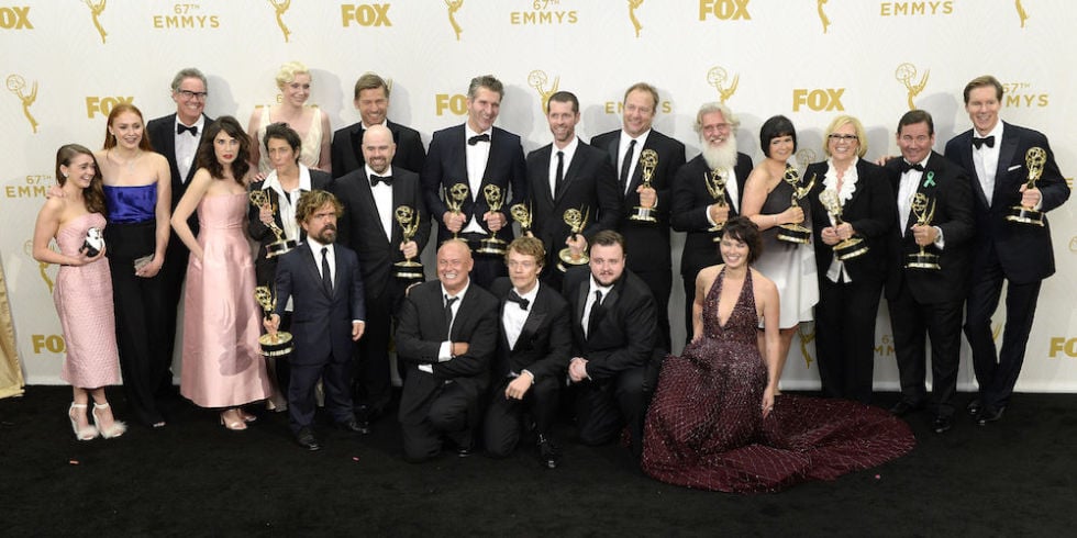 The cast of Game of Thrones at the Emmys holding their awards