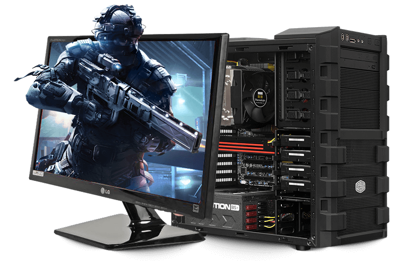 A gaming PC with a soldier popping out of the monitor
