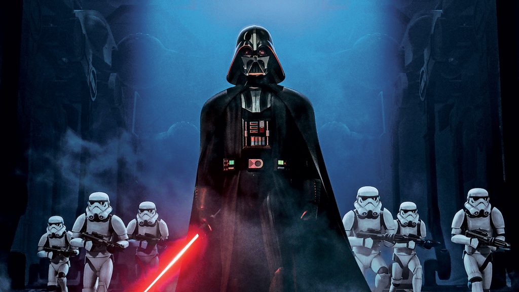 Darth Vader holds a red lightsaber as stormtroopers gather behind him on Star Wars Rebels 