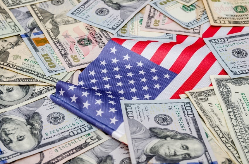 American dollars and flag