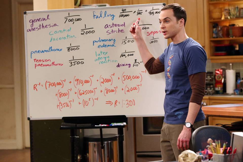 Jim Parsons' Sheldon stands in front of a whiteboard in The Big Bang Theory