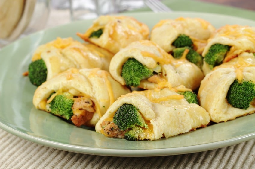 Chicken, broccoli, and cheddar cheese wrapped in croissant