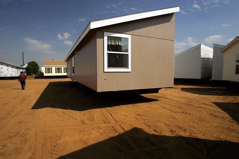 A manufactured home awaiting transport