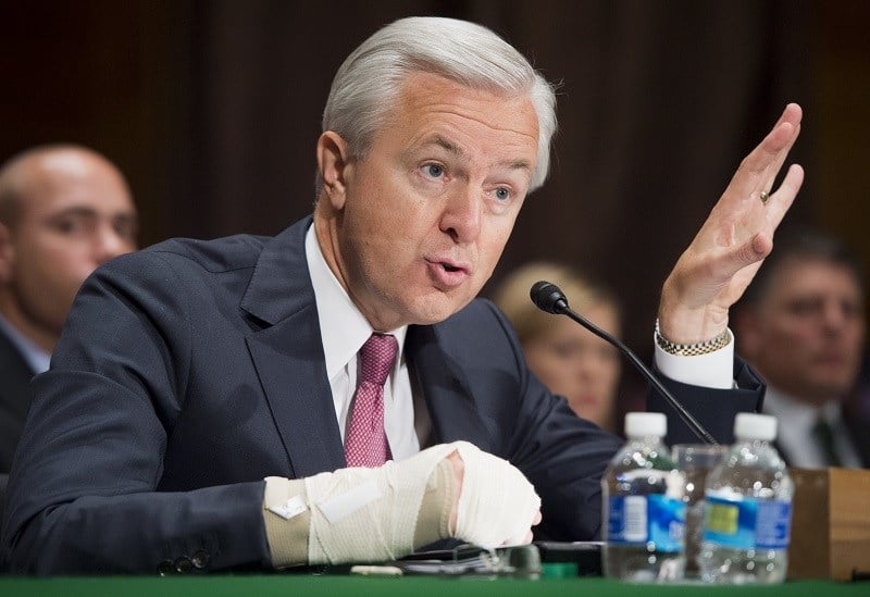 John Stumpf, chairman and CEO of Wells Fargo, testifies about the unauthorized opening of accounts by Wells Fargo during a Senate Banking, Housing and Urban Affairs Committee hearing on Capitol Hill in Washington, DC, September 20, 2016. / AFP / SAUL LOEB (Photo credit should read SAUL LOEB/AFP/Getty Images)