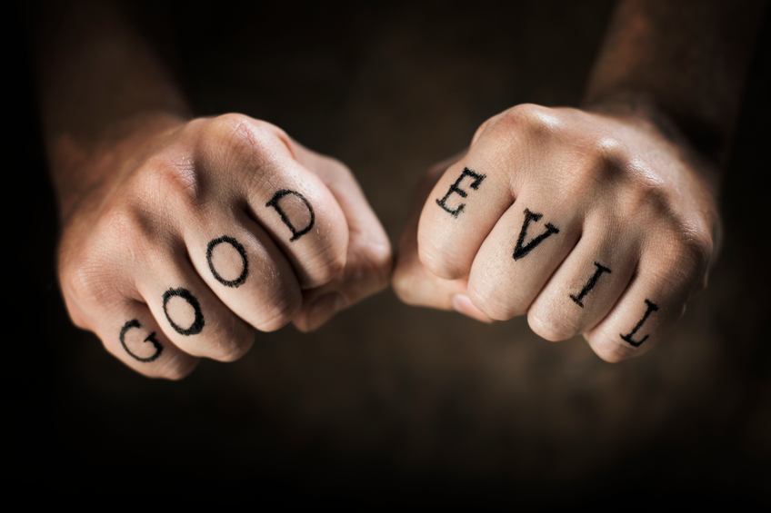 "Good" and "Evil" fake tattoos on hands