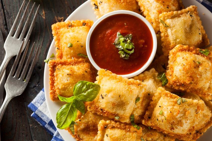 Homemade fried ravioli with marinara sauce