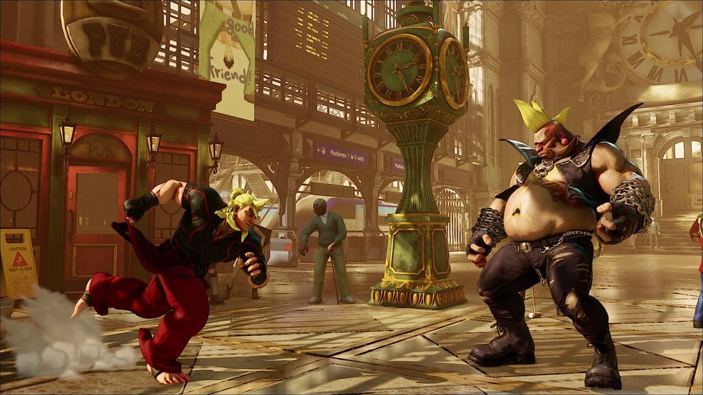 A video game still of two men getting ready to fight in a train station A video game still of two men getting ready to fight in a train station