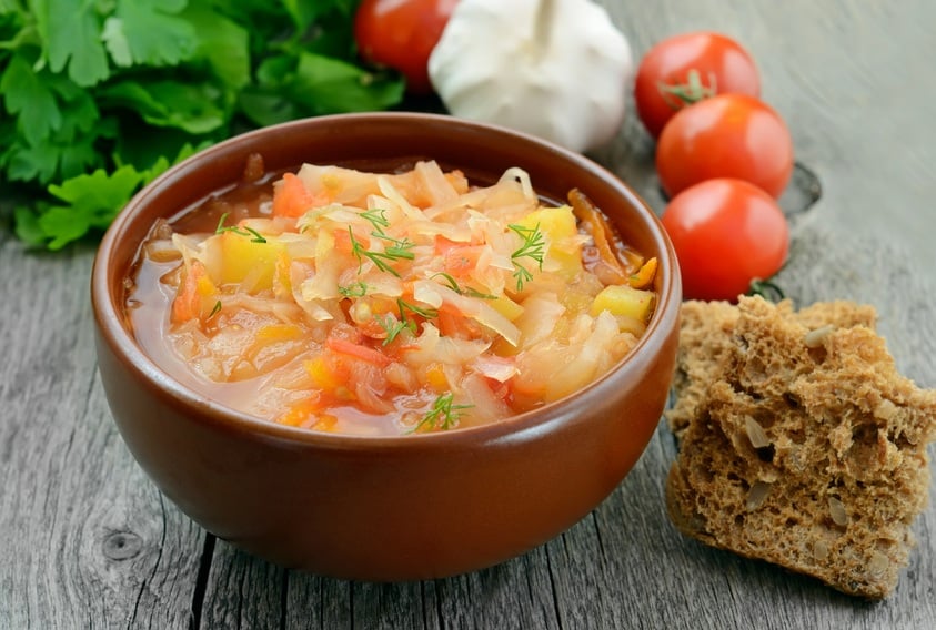 Sauerkraut soup in brown bowl