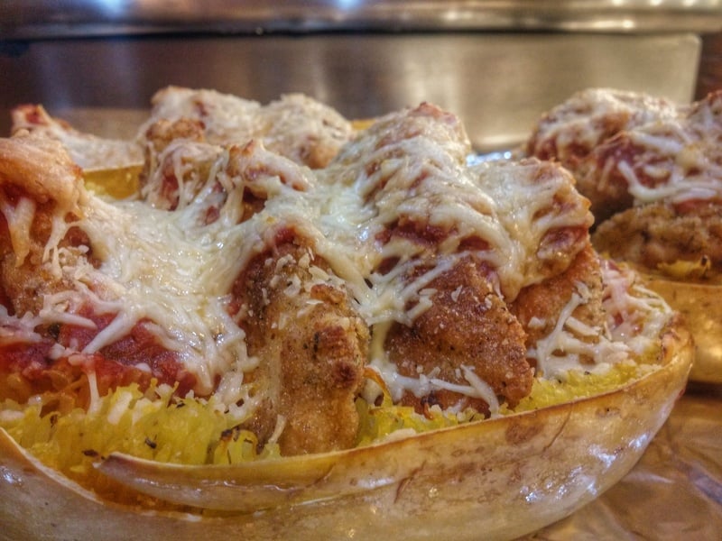 Spaghetti squash chicken Parmesan dinner