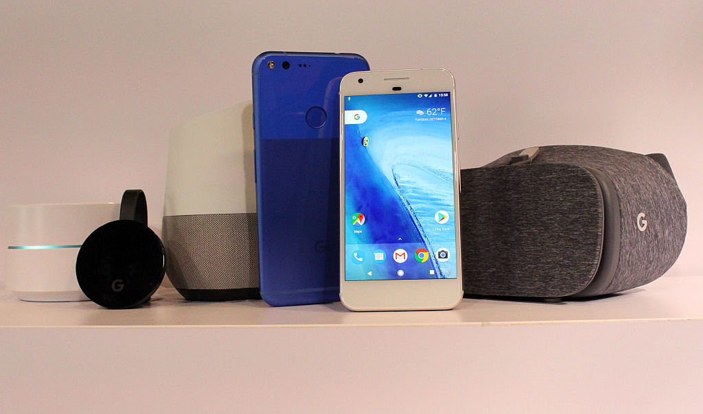 Google Chromecast, Home, and Pixel smartphone devices at a press event