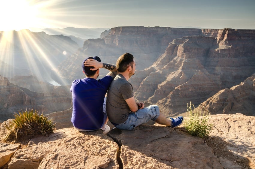 A young male couple looking into the Grand Canyon A young male couple looking into the Grand Canyon
