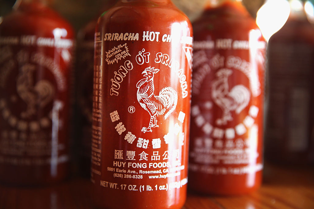 Bottles of Sriracha chili sauce